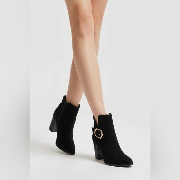 Laicigo Shoes - Laicigo Women's suede Chelsea Ankle Booties Black V-Cut gold buckle Pointed Toe